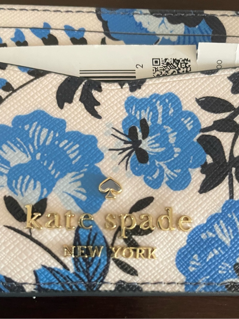 kate spade Cream Wallet with Blue Floral Print and Gold Logo